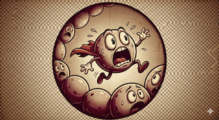 Streptococcus pyogenes - caricatura ilustrada de bactéria com expressão de pânico fugindo