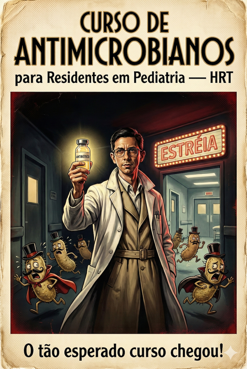 Curso de Antimicrobianos para Residentes em Pediatria - HRT. Um médico em jaleco branco segura um frasco de antibiótico enquanto bactérias caricatas fogem assustadas.
